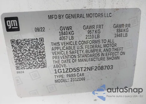 2022 Chevrolet Malibu Fwd Lt from USA, damaged, VIN 1G1ZD5ST2NF208703